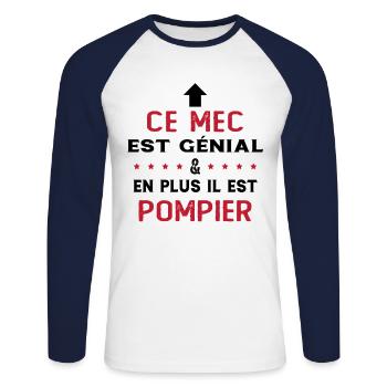 Ce mec est génial cadeau pompier humour - T-shirt baseball manches longues Homme - blanc/marine - Devant - Nik (191cm)
