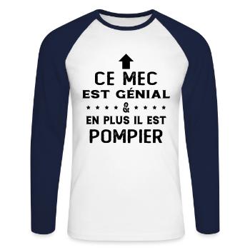 Ce mec est génial cadeau pompier humour - T-shirt baseball manches longues Homme - blanc/marine - Devant - Nik (191cm)