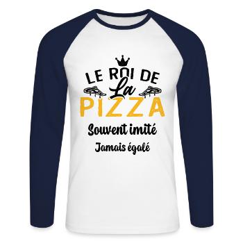 Le Roi de la Pizza Pizzaiolo Cadeau Drôle - T-shirt baseball manches longues Homme - blanc/marine - Devant - Nik (191cm)