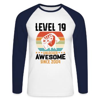 Level 19 Complete 2004 Birthday Gift - Unisex Long Sleeve Baseball T-Shirt - white/navy - Front - Nik (191cm)