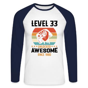 Level 33 Komplettes Geburtstagsgeschenk von 1990 - Unisex Baseballshirt langarm - Weiß/Navy - Vorne - Nik (191cm)