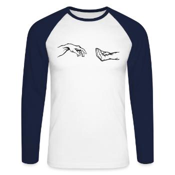 Geste de la main italien Création d'Adam Parody - T-shirt baseball manches longues Homme - blanc/marine - Devant - Nik (191cm)