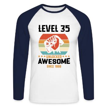 Level 35 komplettes Geburtstagsgeschenk von 1988 - Unisex Baseballshirt langarm - Weiß/Navy - Vorne - Nik (191cm)