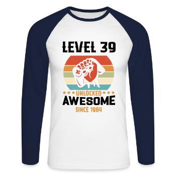 Level 39 Year Unlock Gaming Birthday Gift - Unisex Long Sleeve Baseball T-Shirt - white/navy - Front - Nik (191cm)