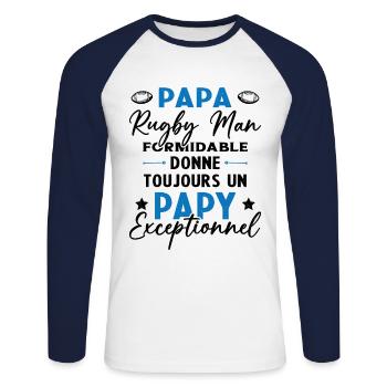 Papa Rugbyman Formidable Papy Exceptionnel Cadeau - T-shirt baseball manches longues Homme - blanc/marine - Devant - Nik (191cm)