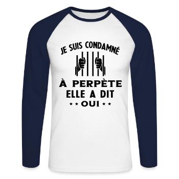 Homme Condamné à Perpète Humour Cadeau Futur Marié - T-shirt baseball manches longues Homme - blanc/marine - Devant - Nik (191cm)