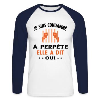 Homme Condamné à Perpète Humour Cadeau Futur Marié - T-shirt baseball manches longues Homme - blanc/marine - Devant - Nik (191cm)