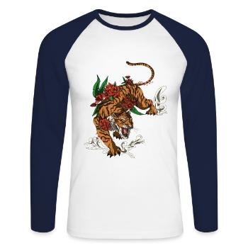 Tiger Katze Raubtier aus der Wildnis Asiatisch - Unisex Baseballshirt langarm - Weiß/Navy - Vorne - Nik (191cm)