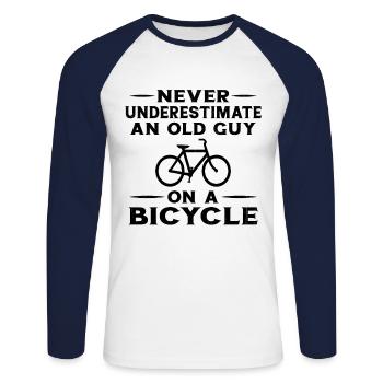 Never Underestimate an Old Man With a Bike - Unisex Long Sleeve Baseball T-Shirt - white/navy - Front - Nik (191cm)
