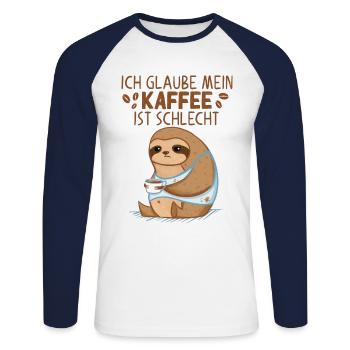 Kaffee Faultier Spruch mein Kaffee ist schlecht - Unisex Baseballshirt langarm - Weiß/Navy - Vorne - Nik (191cm)