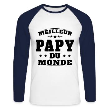 Meilleur Papy du Monde Humour Cadeau Nouveau Papy - T-shirt baseball manches longues Homme - blanc/marine - Devant - Nik (191cm)