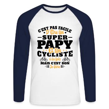 Super Papy Humour Cycliste Vélo Drole Cyclisme - T-shirt baseball manches longues Homme - blanc/marine - Devant - Nik (191cm)