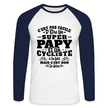 Super Papy Humour Cycliste Vélo Drole Cyclisme - T-shirt baseball manches longues Homme - blanc/marine - Devant - Nik (191cm)