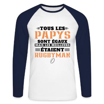 Papy Ancien Rugbyman Cadeau Fête Grand Père - T-shirt baseball manches longues Homme - blanc/marine - Devant - Nik (191cm)