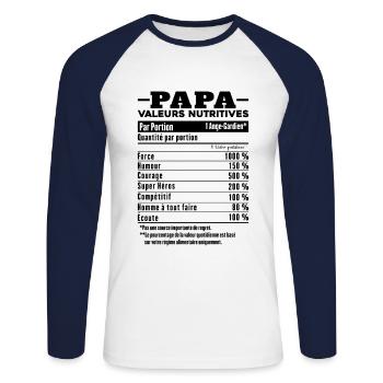 Cadeau papa humour papa valeurs nutritives - T-shirt baseball manches longues Homme - blanc/marine - Devant - Nik (191cm)