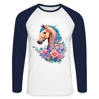 Schöne Blumen Pferde Kunstwerk Pony in Pastell - Unisex Baseballshirt langarm - Weiß/Navy - Vorne - Nik (191cm)