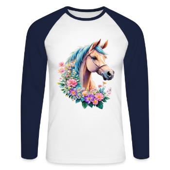 Aquarelle Poney Cheval Amour et Bonheur avec des Fleurs - T-shirt baseball manches longues Homme - blanc/marine - Devant - Nik (191cm)