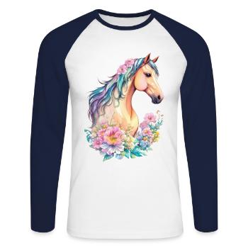 Belle Jument Pony Cheval Fleurs Design Floral - T-shirt baseball manches longues Homme - blanc/marine - Devant - Nik (191cm)