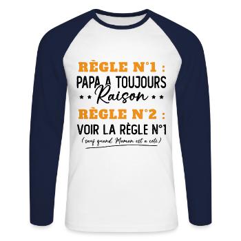 Humour Papa Maman Règles Cadeau - T-shirt baseball manches longues Homme - blanc/marine - Devant - Nik (191cm)