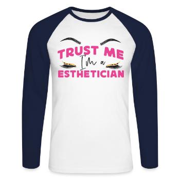Soins de la peau d’esthéticienne agréée mignonne - T-shirt baseball manches longues Homme - blanc/marine - Devant - Nik (191cm)