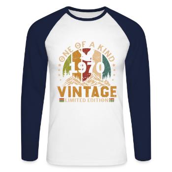 Vintage 1970 Cadeau D'anniversaire - T-shirt baseball manches longues Homme - blanc/marine - Devant - Nik (191cm)