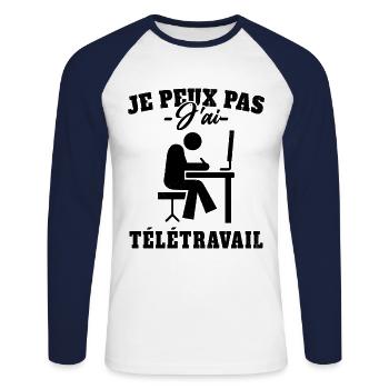 Je Peux Pas J'ai Télétravail Dôle Cadeau - T-shirt baseball manches longues Homme - blanc/marine - Devant - Nik (191cm)
