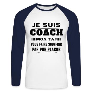 Humour entraîneur cadeau sportif Je suis coach - T-shirt baseball manches longues Homme - blanc/marine - Devant - Nik (191cm)