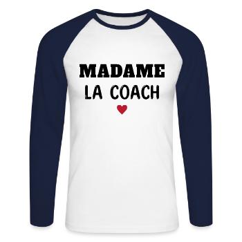 Femme Humour Coach Sportif madame la Coach - T-shirt baseball manches longues Homme - blanc/marine - Devant - Nik (191cm)