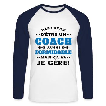 Coach Formidable Je Gère Idée Cadeau Humour - T-shirt baseball manches longues Homme - blanc/marine - Devant - Nik (191cm)
