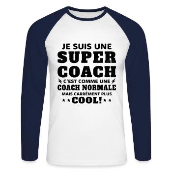 Une Super Coach Idée Femme Cadeau Humour - T-shirt baseball manches longues Homme - blanc/marine - Devant - Nik (191cm)
