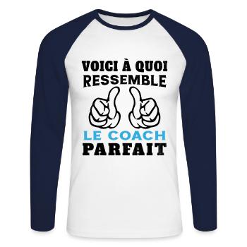 Coach parfait - Humour Cadeau pour coach sportif - T-shirt baseball manches longues Homme - blanc/marine - Devant - Nik (191cm)