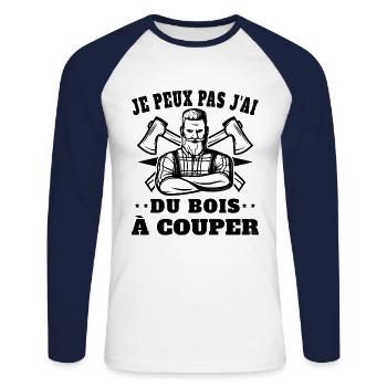 Je peux pas j'ai un arbre à couper - T-shirt baseball manches longues Homme - blanc/marine - Devant - Nik (191cm)