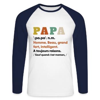 Papa Définition Idée Cadeau pour La Fête des Pères - T-shirt baseball manches longues Homme - blanc/marine - Devant - Nik (191cm)