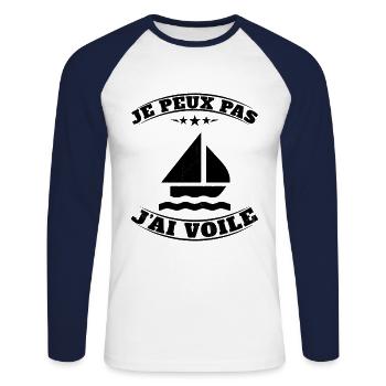 Je peux pas j'ai Voile - Humour Planche à Voile - T-shirt baseball manches longues Homme - blanc/marine - Devant - Nik (191cm)