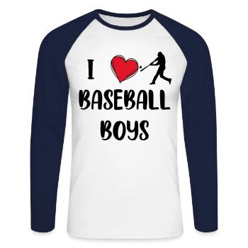 I love baseball boys. Funny baseball with - Unisex Long Sleeve Baseball T-Shirt - white/navy - Front - Nik (191cm)