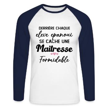 Maîtresse Formidable Remerciement Fin d'année - T-shirt baseball manches longues Homme - blanc/marine - Devant - Nik (191cm)
