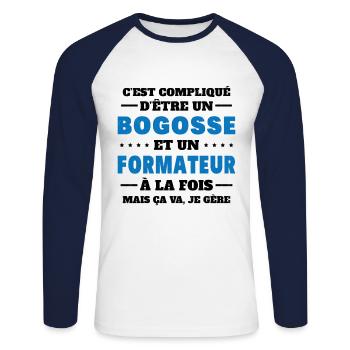 Bogosse Et Formateur Cadeau Meilleur Collègue - T-shirt baseball manches longues Homme - blanc/marine - Devant - Nik (191cm)