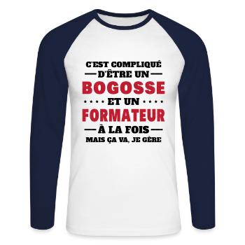 Bogosse Et Formateur Cadeau Meilleur Collègue - T-shirt baseball manches longues Homme - blanc/marine - Devant - Nik (191cm)