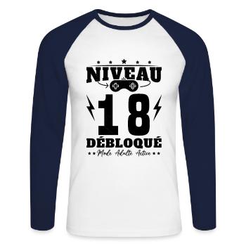 Niveau 18 Débloqué Anniversaire 18 Ans - T-shirt baseball manches longues Homme - blanc/marine - Devant - Nik (191cm)