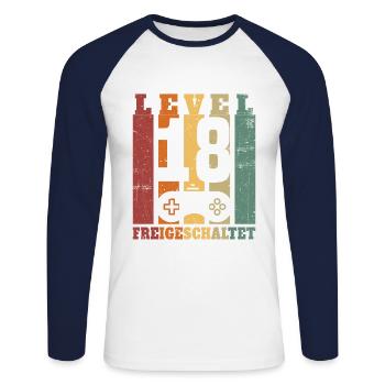 Niveau 18 Déverrouillé 18 Ans Anniversaire Cadeau - T-shirt baseball manches longues Homme - blanc/marine - Devant - Nik (191cm)