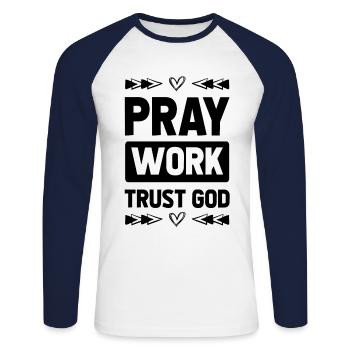 Priez Ayez confiance en Dieu - T-shirt baseball manches longues Homme - blanc/marine - Devant - Nik (191cm)
