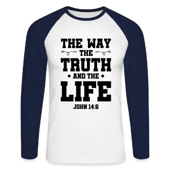 The Way to Live Truth - Unisex Long Sleeve Baseball T-Shirt - white/navy - Front - Nik (191cm)