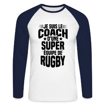 Je suis le coach d'une super équipe de rugby - T-shirt baseball manches longues Homme - blanc/marine - Devant - Nik (191cm)
