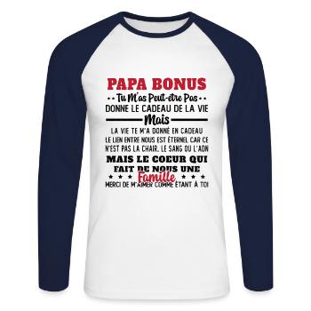 Papa Bonus Cadeau Humour Fête des pères - T-shirt baseball manches longues Homme - blanc/marine - Devant - Nik (191cm)