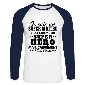 Super Maître Comme Un Super Héro Humour Cadeau - T-shirt baseball manches longues Homme - blanc/marine - Devant - Nik (191cm)