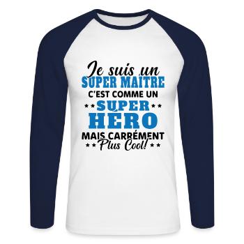 Super Maître Comme Un Super Héro Humour Cadeau - T-shirt baseball manches longues Homme - blanc/marine - Devant - Nik (191cm)