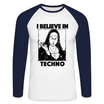 Techno Nun I Believe In Techno - Unisex Long Sleeve Baseball T-Shirt - white/navy - Front - Nik (191cm)