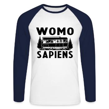 Womo Sapiens Funny Caravan - Unisex Baseballshirt langarm - Weiß/Navy - Vorne - Nik (191cm)