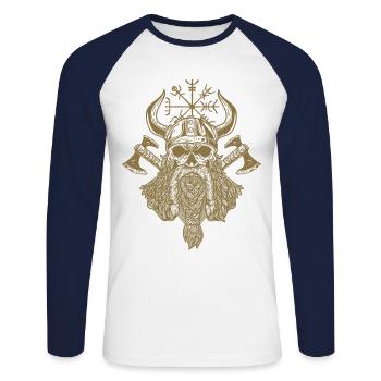 Wikinger Krieger Schädel Bart Äxten Runen Vegvisir - Unisex Baseballshirt langarm - Weiß/Navy - Vorne - Nik (191cm)