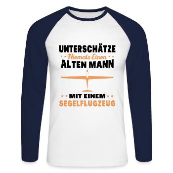 Alter Mann mit Segelflugzeug | Segelfliegen - Unisex Baseballshirt langarm - Weiß/Navy - Vorne - Nik (191cm)